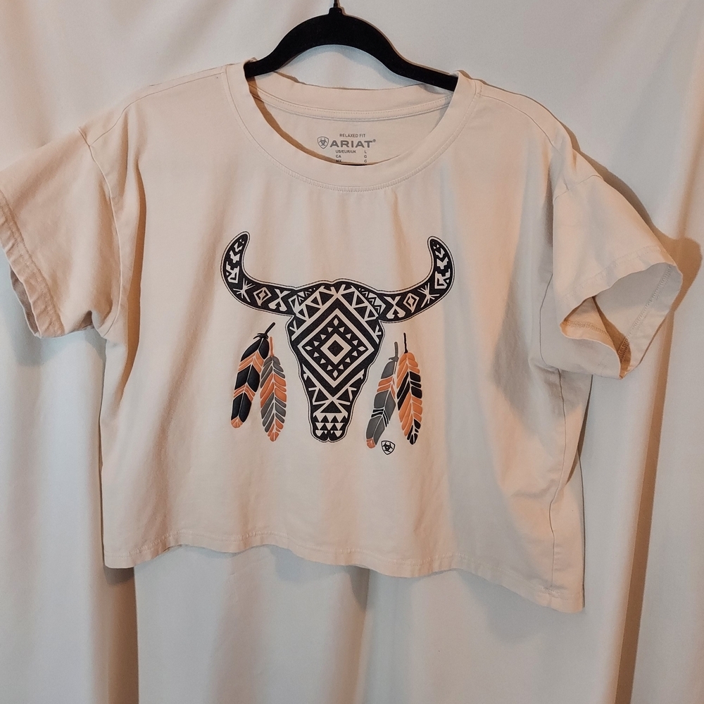 Ariat Cropped Treasure Steer Skull Graphic Tee - Southwestern Boho - Size L
